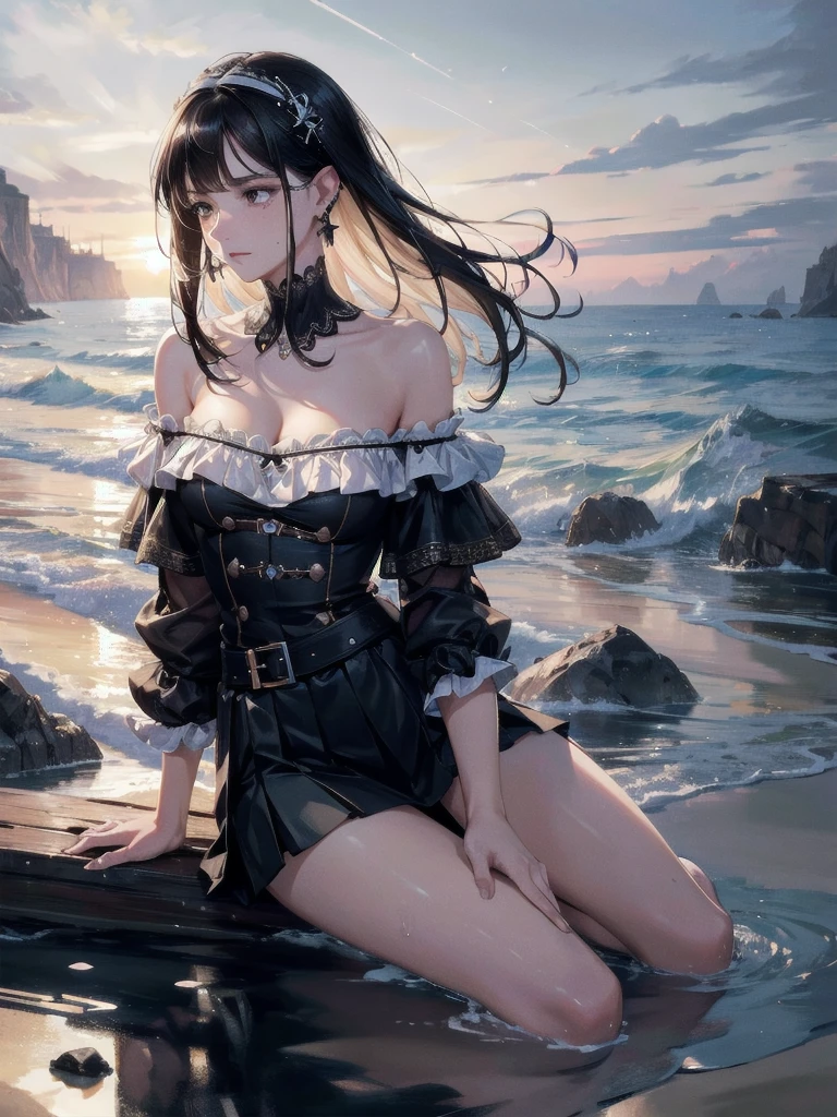 absurdres, RAW photo, extremely delicate and beautiful, masterpiece, Best Quality, ultra high resolution, 32k, hyperrealistic, ultra-detailed, delicate facial features, beautiful detailed woman, tearful mole, earring, medium breasts, full body shot, medium hair, black hair, Legendary Pirate, blouse, short skirt, off shoulder, Eroded Coastline,