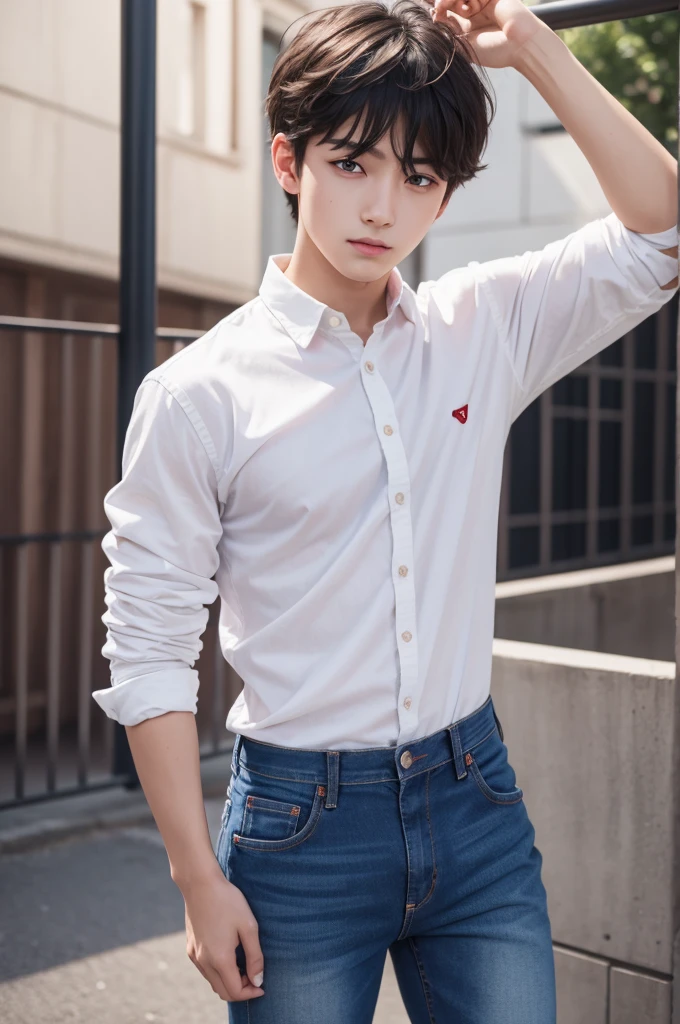 A boy with red eyes and jeans and a white shirt