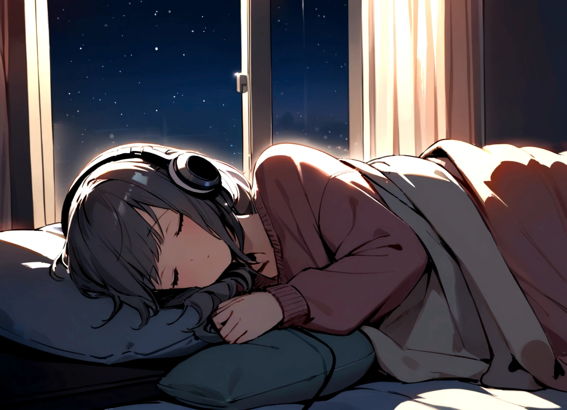 girl, Lying and sleeping, Wearing a large sweater, Wearing headphones, Cover your feet with a blanket, praise, Calm, Calm atmosphere, Looking out the window in her room, nice, night, quiet night, masterpiece, Highest quality