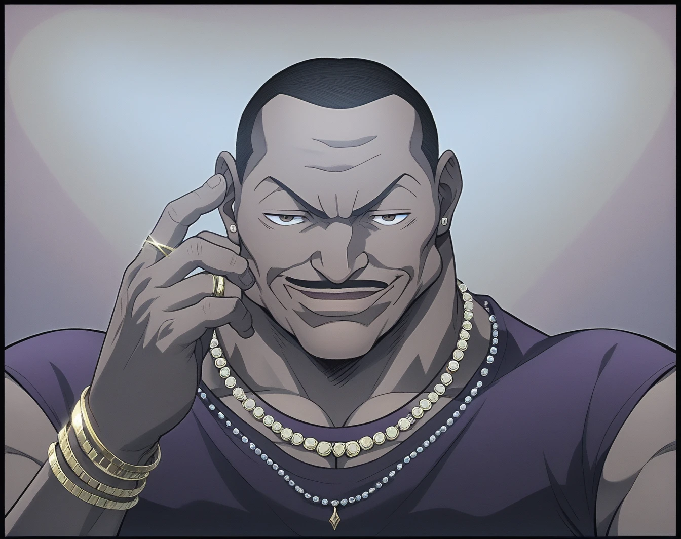 score_9, score_8_up, score_7_up, olivabiscuit, 1boy, solo, purple shirt, necklaces, ring, bracelets, gold, brown eyes, male focus, cocky smirk, looking at viewer, short hair, black hair, dark skin, facial hair, dark-skinned male, muscular male, bara, bald, manly, veins, meme, hand, points his temple, dynamic lighting, glare, extremely detailed, portrait, white background