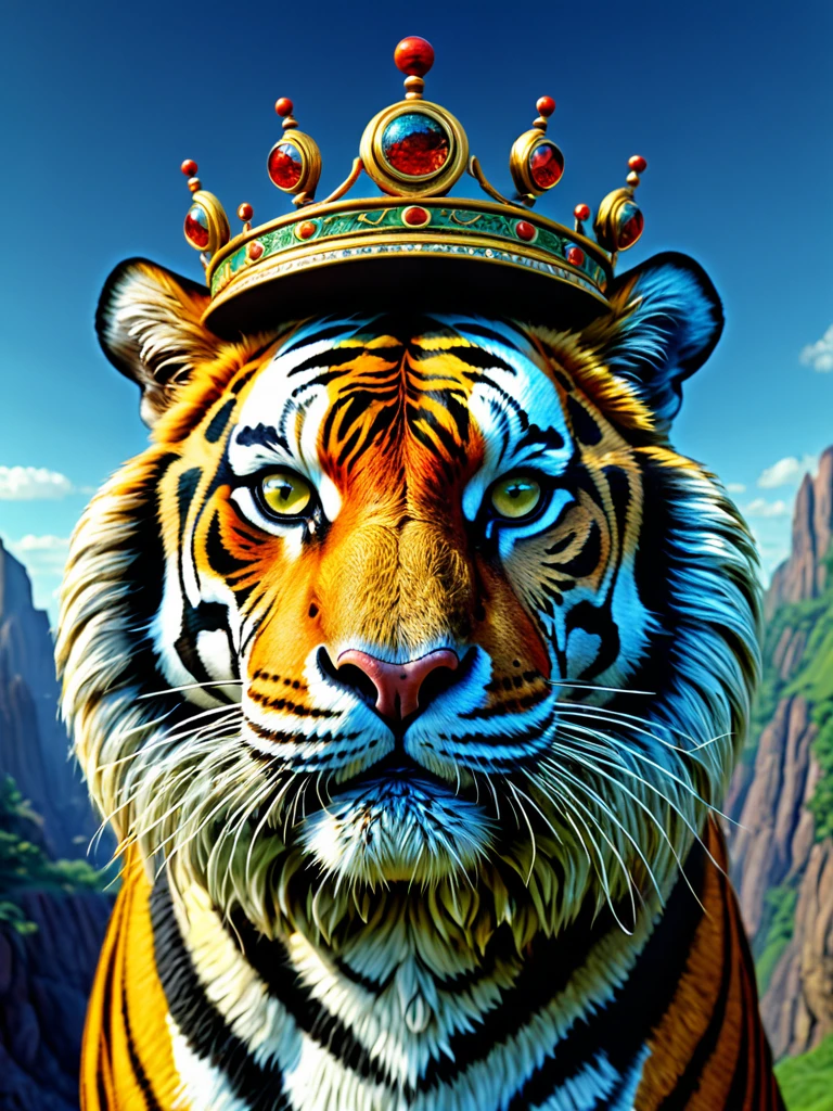 (best qualityer,4K,high resolution,work of art:1.2),ultra detali,(realisitic,photorealisitic,photo-realisitic:1.37),hdr,ultra HD,studio lighting,ultra-fine painting,sharp focus,physically based rendering,extreme detailed description,proffesional,bright coloured,bokeh,cinematic,embroidered,evil tiger,fictional animal,equirectangular 360,king of Planet Earth,art by Michael Hutter,35mm photography,film,proffesional,highy detailed