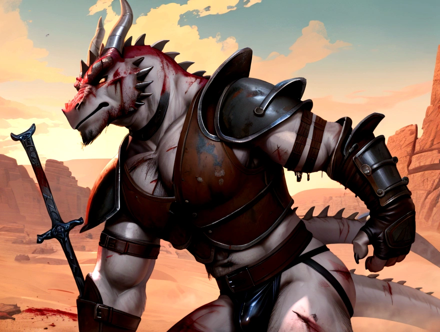 Solo young dead anthro scalie dragon male mercenary medieval solider, slim endomorph muscular, anthro handsome gay shorter muzzle, handsome gay model male apperance, sword scars, worn out leather skimpy armament, low on hips heavy leather belt, old very worn out skimpy dirty linen material jockstrap, old yellow dirty worn out stains on white sawn jockstrap, very visible "x" brown seam pattern on the jockstrap, studded skimpy armlets breastplate armor, skimpy breastplate, leather bondages, fingerless leather gloves, smelly unwashed husk, dirty body look, desert bloody battlefield, he lies wounded, he has two arrows in chest, there is a blood from wound in his chest, he lies in his blood, he is dead, side view of full dead warrior