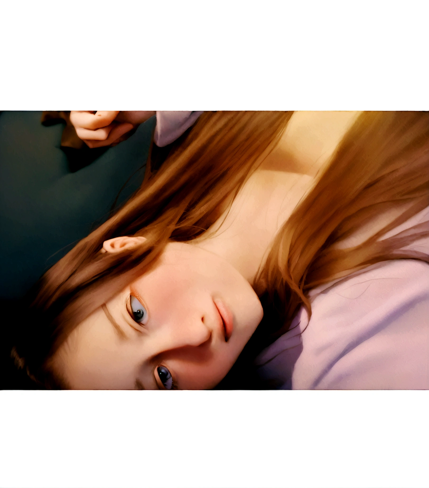There is a long-haired woman lying on a bed, 1 8 son, resplendent, 18 years, low quality photograph, looking to the side off camera, despondent!! Very soft lights, low quality photo, slightly colorful, soft light from the side, very very low quality image, frontal photo, 1 / 2 shots to the head, around 20 years