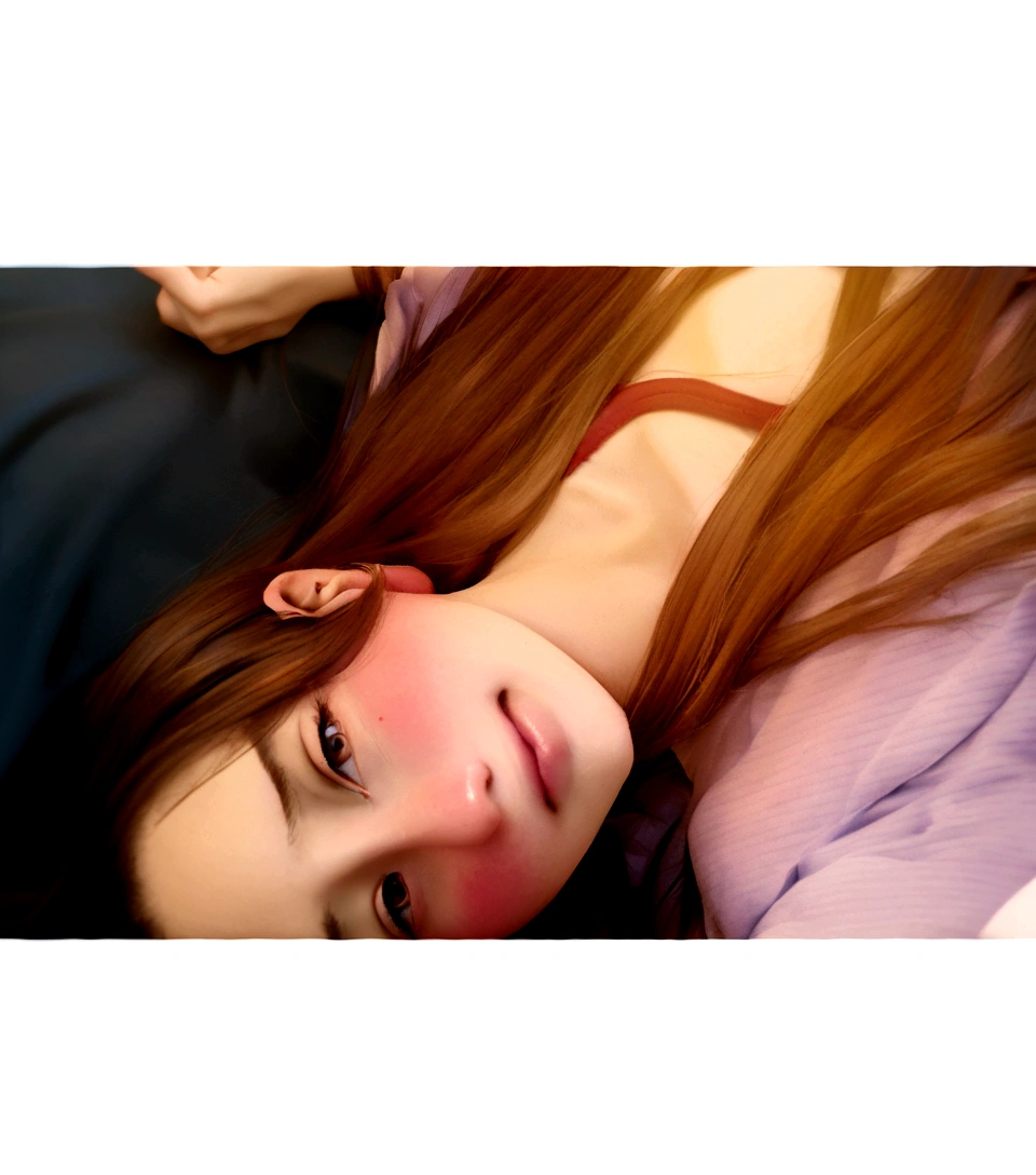 There is a long-haired woman lying on a bed, 1 8 son, resplendent, 18 years, low quality photograph, looking to the side off camera, despondent!! Very soft lights, low quality photo, slightly colorful, soft light from the side, very very low quality image, frontal photo, 1 / 2 shots to the head, around 20 years