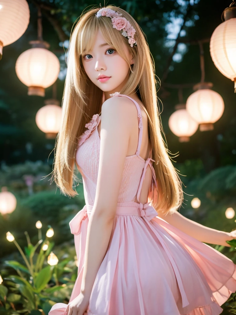 In manhwa art style young Korean woman 28s. Her hair is short at shoulder in a blonde pink colors. Her face is slightly shorter than it is long, which carry a warm , expressive face. Her skin is radiant and clear, and her curved lips. Large blue eyes are expressive and captivating. Her natural body and defined made up of proportional curves. She is wearing a white dress while the light of the lanterns in the botan garden at night illuminates the flowers