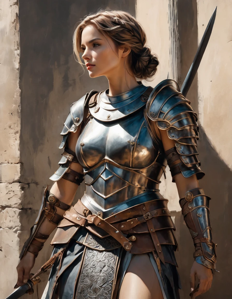 smooth lines, Express expressions and postures through ink contrast, The background is simple. emphasize light, shadow and space. ((full body):1.3), Drawing of Mature beauty. ((Detailed eye):1.3),((fresh)), wearing gladiator armor, painting, (best quality,4K,8k,high resolution,masterpiece:1.2),Super detailed,(actual,photoactual,photo-actual:1.37).