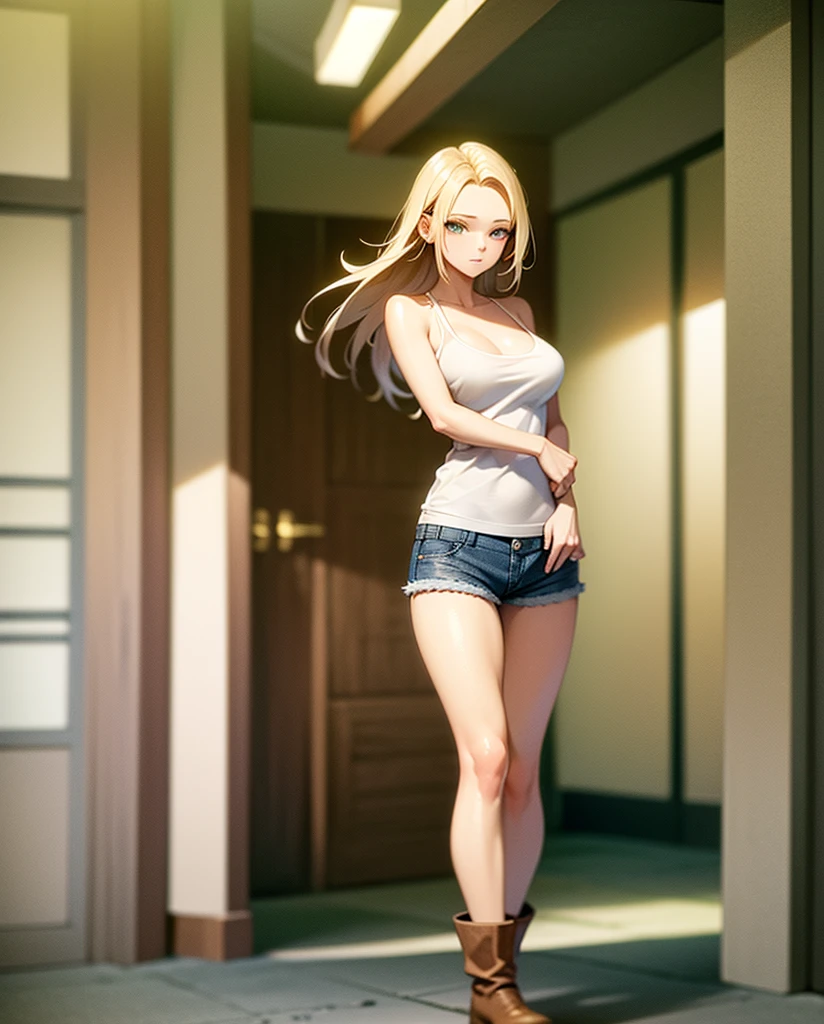 Sexy young girl with a good body, long hair blonde green eyes short white shirt bare shoulders, bright blue short jean shorts, short brown boots with white, standing, spiky hair, bristly hair, hair of Sayayin, standing, walking, walking