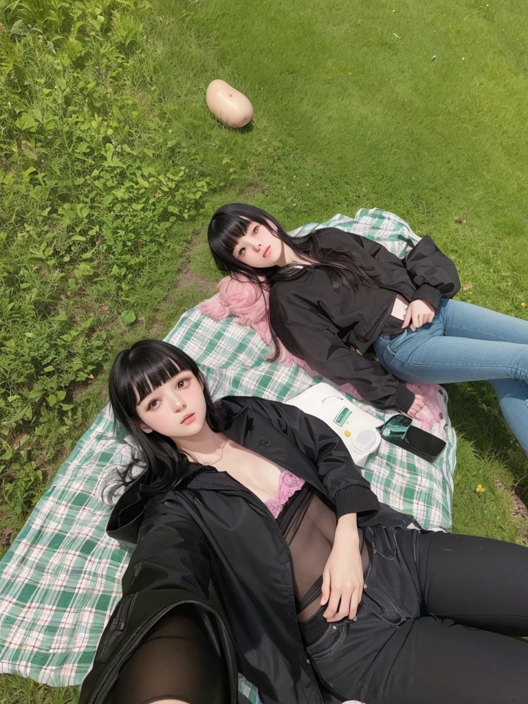 Pale age girl with soft, silky black hair with bangs above her eyebrows and light green eyes, with her small pink lips and potato nose, taking a photo with your friend and good quality