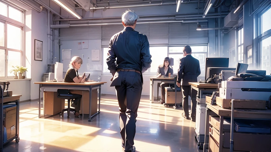 Man in his 50s Back view Design studio Mac computer Stylish office DTP Graphic Designer I'm working Gray Hair Back view Computer work Small face Man in his 50s work Don't show your face only the back I don't wear glasses Chubby 27 inch monitor keyboard mouse Hand Right behind The work desk is up