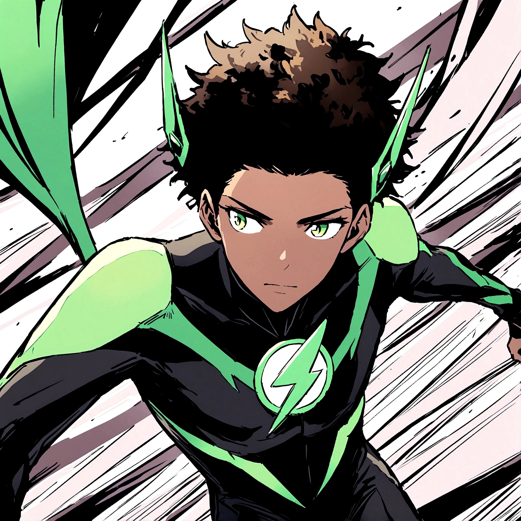 Swift a black american male speedster with green and black costume, looking at something