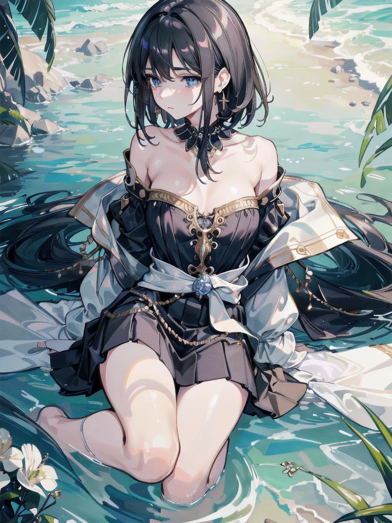 absurdres, RAW photo, extremely delicate and beautiful, masterpiece, Best Quality, ultra high resolution, 32k, hyperrealistic, ultra-detailed, delicate facial features, beautiful detailed woman, tearful mole, earring, medium breasts, full body shot, medium hair, black hair, Legendary Pirate, blouse, short skirt, off shoulder, Eroded Coastline,