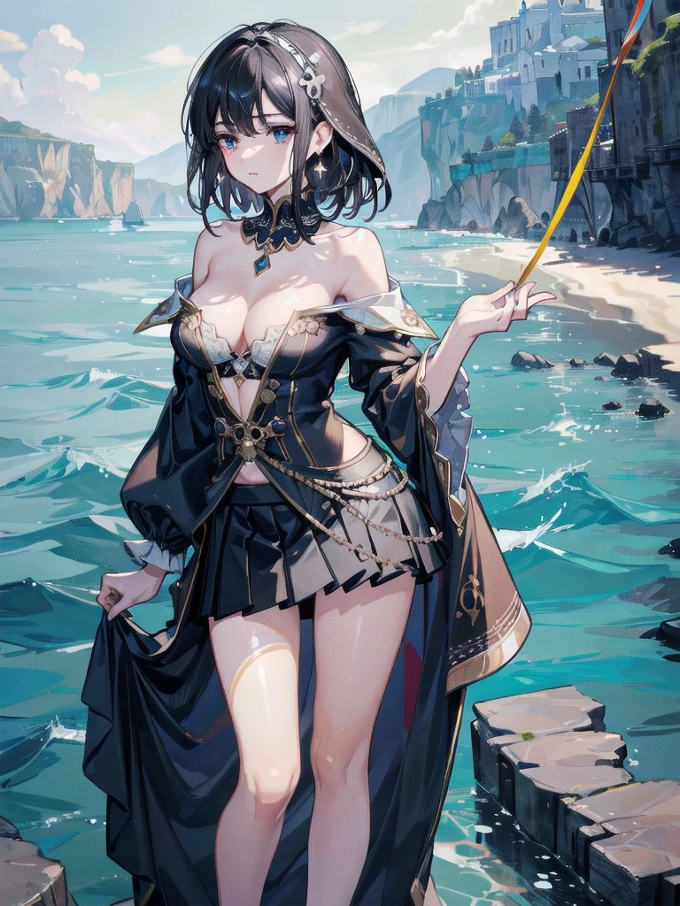 absurdres, RAW photo, extremely delicate and beautiful, masterpiece, Best Quality, ultra high resolution, 32k, hyperrealistic, ultra-detailed, delicate facial features, beautiful detailed woman, tearful mole, earring, medium breasts, full body shot, medium hair, black hair, Legendary Pirate, blouse, short skirt, off shoulder, Eroded Coastline,