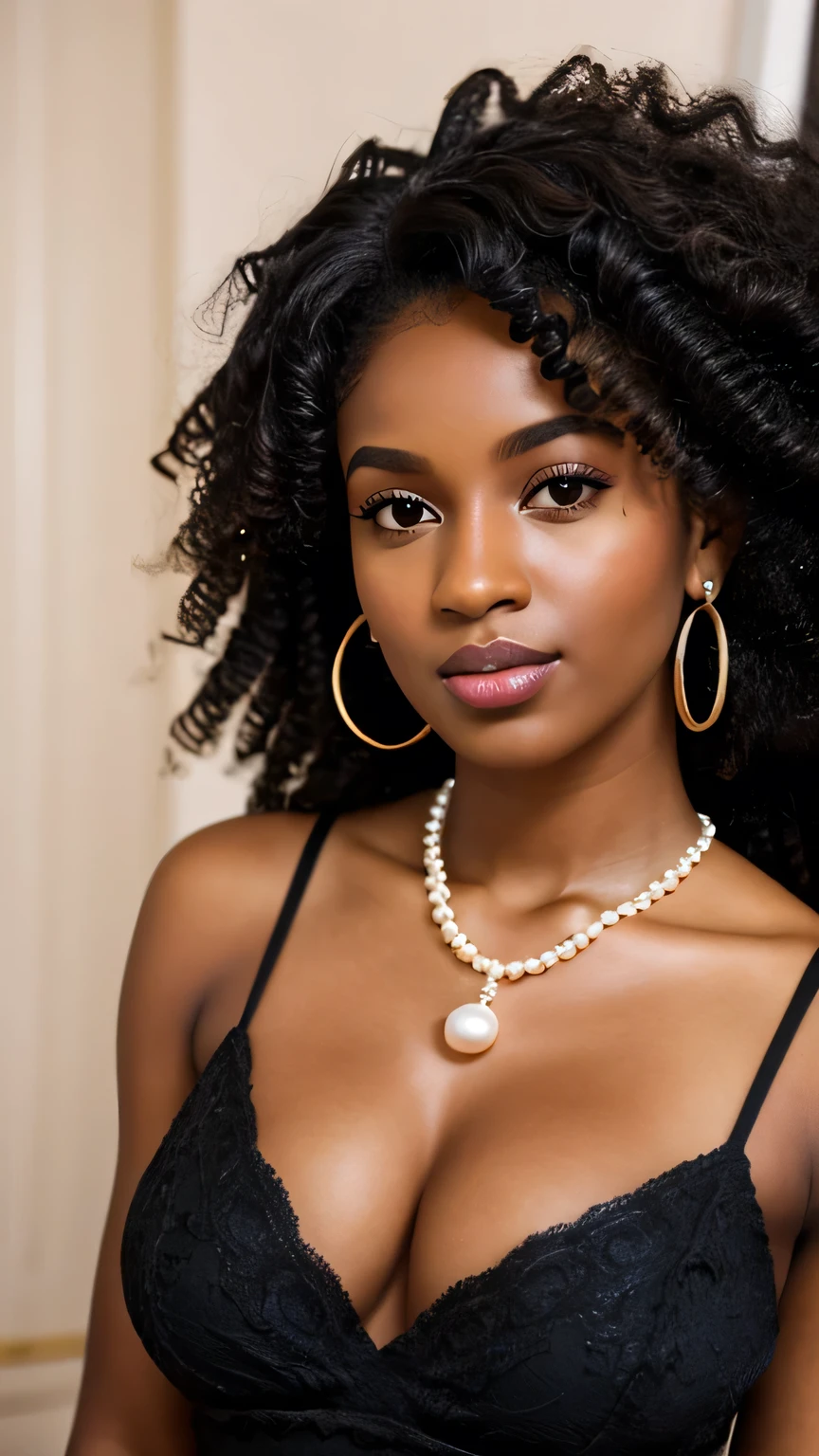 1girl, 25 years old, black woman, jewelry, earrings, necklace, curly hair, wavy hair, solo, black hair, dark brown eyes, lips, pearl necklace, hoop earrings, décolletage, wide nose, long hair, dark-skinned female, afro