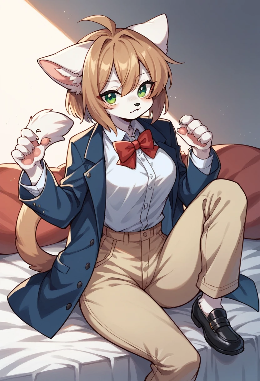 Anthro, Solo Female, Furry, Angora cat, White fur, Short blond hair strengthened and combed correctly, Green eyes, Rich, White shirt, Dark red and red striped bow tie, a pale blue sweater, a dark blue tuxedo jacket with a goldstripe on the collar, Light Brown trousers, black shoes