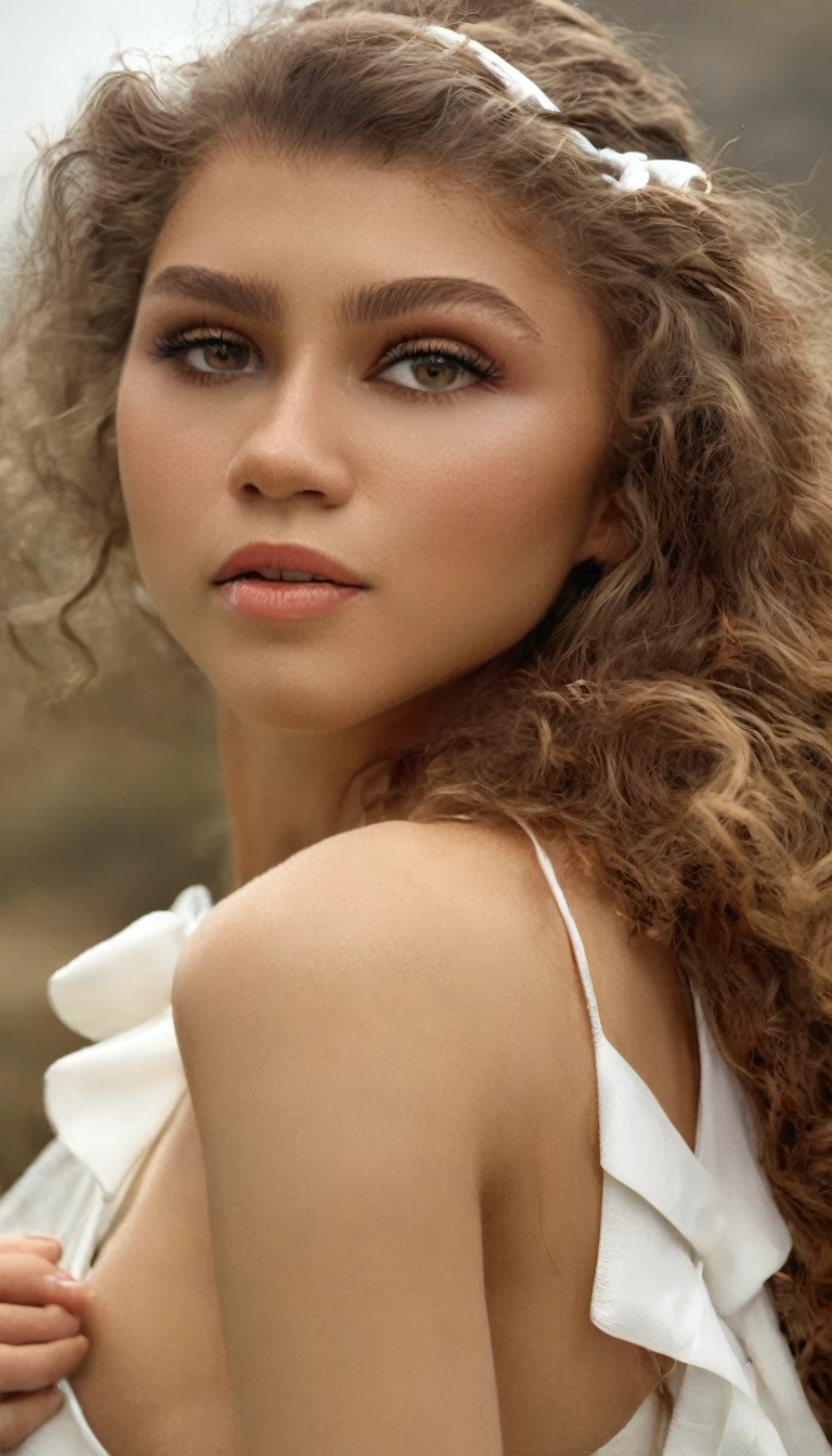 Masterpiece,Best Quality,(detailed face, Perfect face, Perfect eyes, realistic eyes, perfect fingers),(clear face),fantasy girl,wide,Hair ornaments,looking at the viewer,outdoor,intricate,high detail,sharp focus,dramatic,beautiful girl,whole body, big tits, down on my knees, outdoor, White dress,bow,neckline,