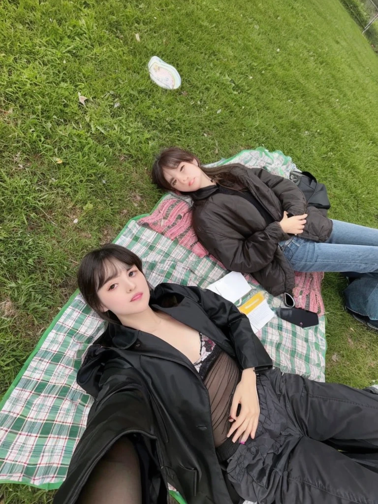 Pale teenage girl with soft, silky black hair with bangs above her eyebrows and light green eyes, with her small pink lips and potato nose, taking a photo with your friend and good quality