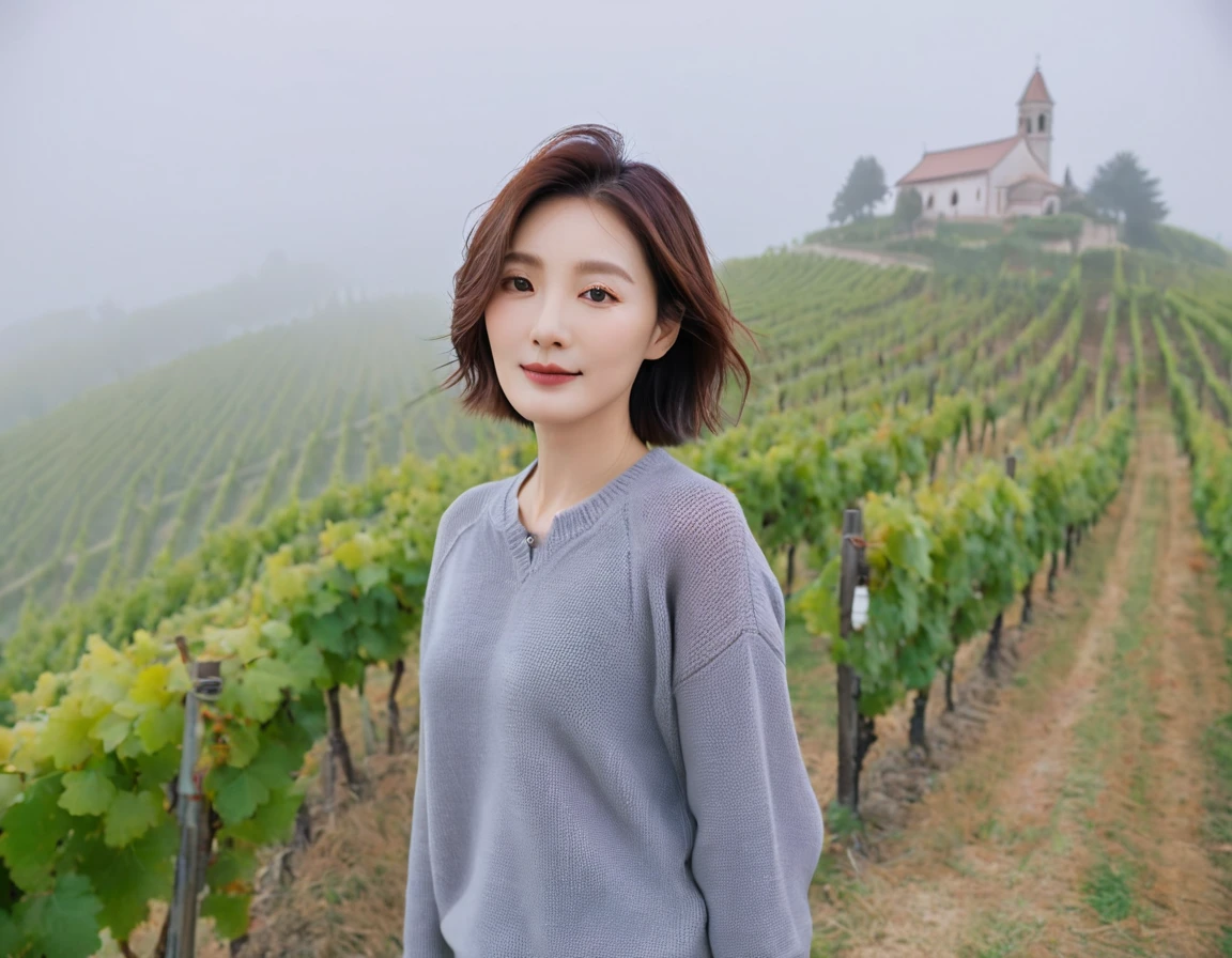 8k best picture quality, Beautiful 36-year-old Korean woman, short and nice weather. Chest size 34 inches, Dense fog at dawn in the Italian countryside, past the vineyard, The cathedral is visible in the fog in the distance., The back background is realistic and vivid quality., Short and medium hair blowing in the wind, travel jumper, Jeans that are comfortable for traveling, a faint smile. the background is clear, Short and slim Korean woman, stand far away, Photo taken with a wide-angle lens, Taken from a hill overlooking a misty vineyard, Full body photo taken with Canon Mark 5 camera 16-35 wide angle lens, full body photo