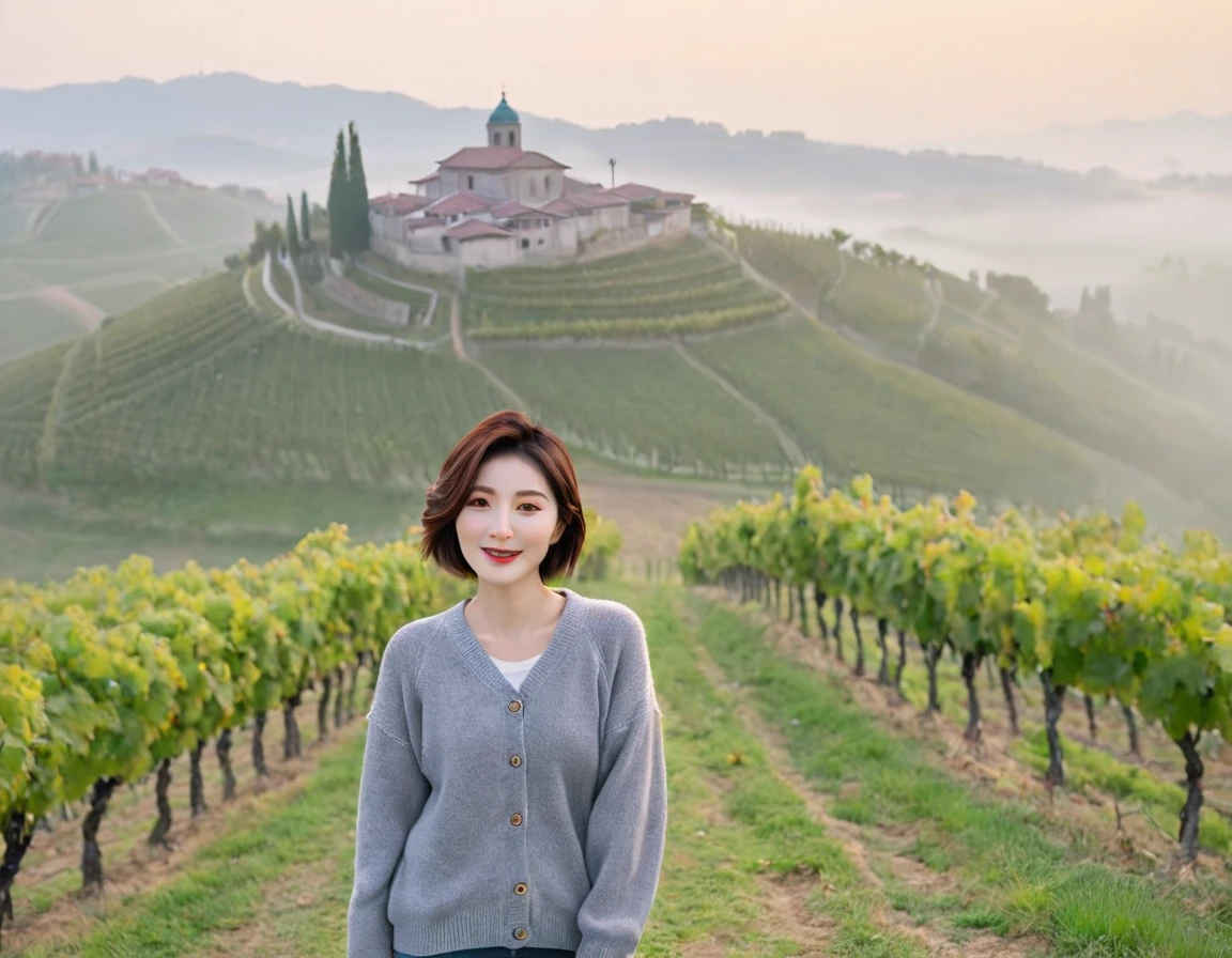 8k best picture quality, Beautiful 36-year-old Korean woman, short and nice weather. Chest size 34 inches, Dense fog at dawn in the Italian countryside, past the vineyard, The cathedral is visible in the fog in the distance., The back background is realistic and vivid quality., Short and medium hair blowing in the wind, travel jumper, Jeans that are comfortable for traveling, a faint smile. the background is clear, Short and slim Korean woman, stand far away, Photo taken with a wide-angle lens, Taken from a hill overlooking a misty vineyard, Full body photo taken with Canon Mark 5 camera 16-35 wide angle lens, full body photo