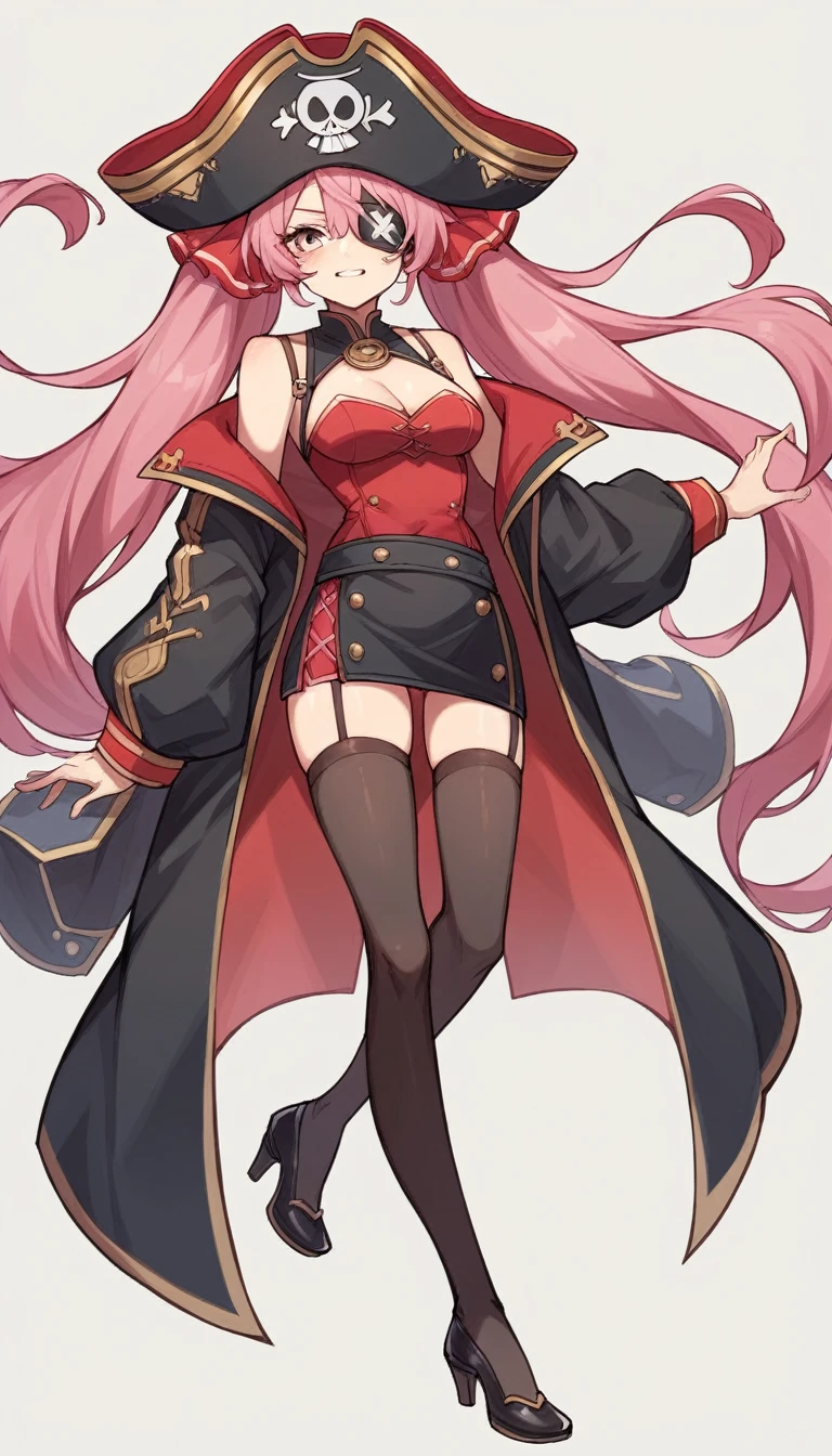 The character is a slender young woman.。She has reddish pink hair、Some of the hair is dyed white.、She has her hair styled in long twin tails.。She has a big pirate hat、Wearing a black jacket。The jacket is decorated with gold、It also has shoulder straps。Her outfit is sexy、Red bustier and mini skirt、Black Stockings、She is wearing brown high heels。Also、He has an eyepatch on one eye、He has a mischievous look on his face.。The background is white。