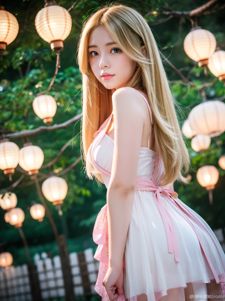 In manhwa art style young Korean woman 28s. Her hair is short at shoulder in a blonde pink colors. Her face is slightly shorter than it is long, which carry a warm , expressive face. Her skin is radiant and clear, and her curved lips. Large blue eyes are expressive and captivating. Her natural body and defined made up of proportional curves. She is wearing a white dress while the light of the lanterns in the botan garden at night illuminates the flowers