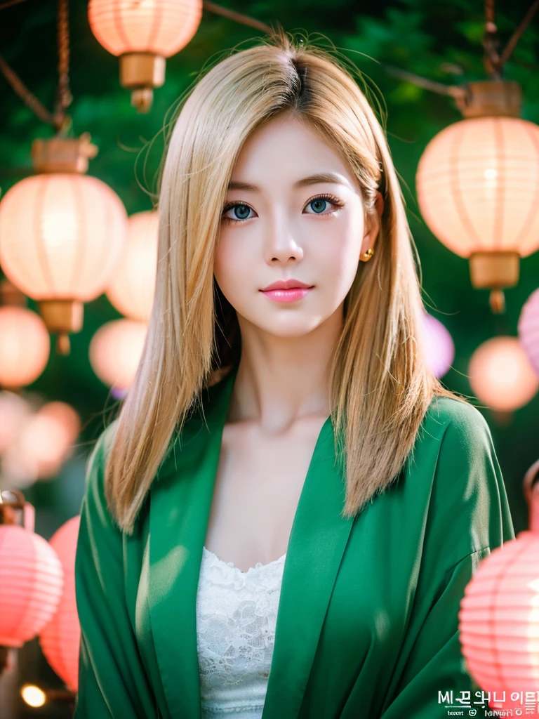 In manhwa art style young Korean woman 28s. Her hair is short at shoulder in a blonde pink colors. Her face is slightly shorter than it is long, which carry a warm , expressive face. Her skin is radiant and clear, and her curved lips. Large blue eyes are expressive and captivating. Her natural body and defined made up of proportional curves. She is wearing a white dress while the light of the lanterns in the botan garden at night illuminates the flowers