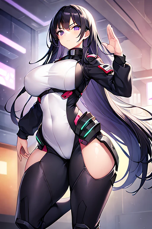 1girl, black hair, long hair, serious, salute, purple eyes, white bodysuit, bodysuit, large breasts, breasts, futuristic, tech, science-fiction, machinery, mature female, thick thighs, long sleeves, full body, ((full body)), standing