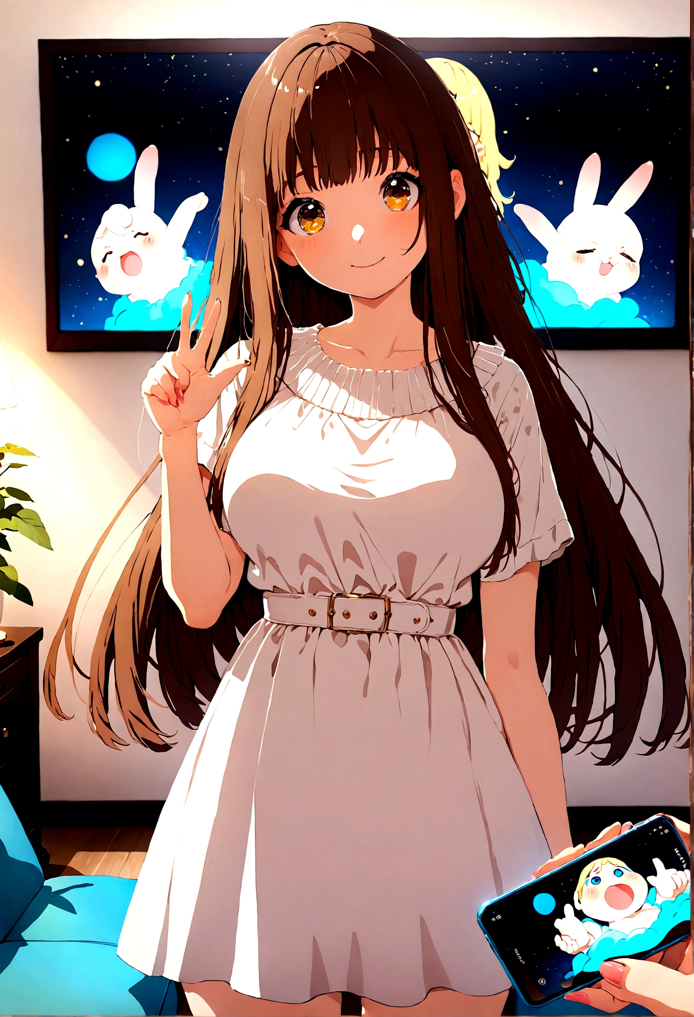 ((1girl)),  super fine illustration, vibrant colors, absurdres extremely detailed CG, 8k wallpaper, (masterpiece:1.3), dynamic angle, dynamic pose, 
best quality, depth of field, cinematic lighting, ultra detailed, brown long hair, very straight hair, large breast, white knit dress , 20yo, cute, very , brown eyes, kawaii, smile, droopy eyes, arms at sides, smartphone, modern living room, peace fingers, The screen of the smartphone in his hand is facing towards me