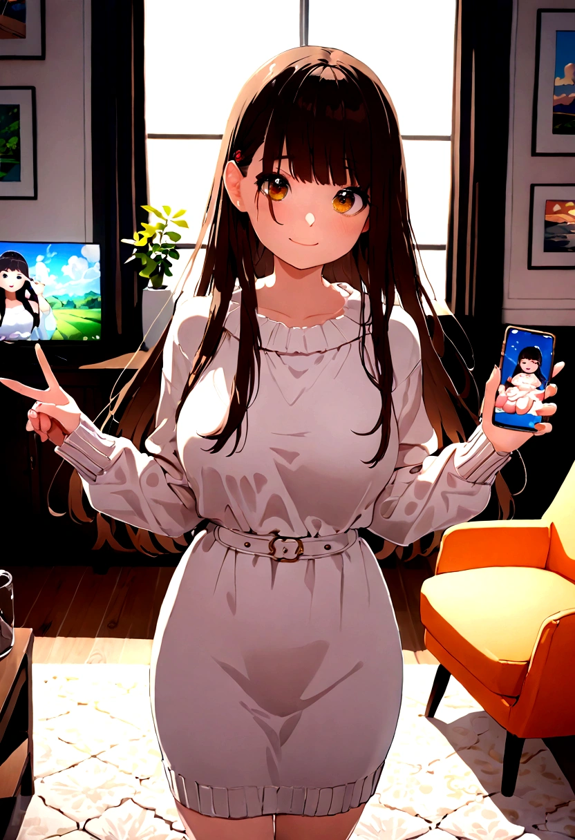 ((1girl)),  super fine illustration, vibrant colors, absurdres extremely detailed CG, 8k wallpaper, (masterpiece:1.3), dynamic angle, dynamic pose, 
best quality, depth of field, cinematic lighting, ultra detailed, brown long hair, very straight hair, large breast, white knit dress , 20yo, cute, very baby face, brown eyes, kawaii, smile, droopy eyes, arms at sides, smartphone, modern living room, peace fingers, The screen of the smartphone in his hand is facing towards me