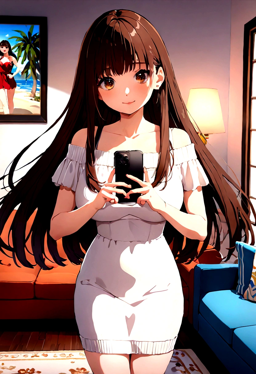 ((1girl)), super fine illustration, vibrant colors, absurdres extremely detailed CG, 8k wallpaper, (masterpiece:1.3), dynamic angle, dynamic pose,
best quality, depth of field, cinematic lighting, ultra detailed, brown long hair, very straight hair, large breast, white knit dress , 20yo, cute, very baby face, brown eyes, kawaii, smile, droopy eyes, arms at sides, smartphone, modern living room, peace fingers, The screen of the smartphone in his hand is facing towards me