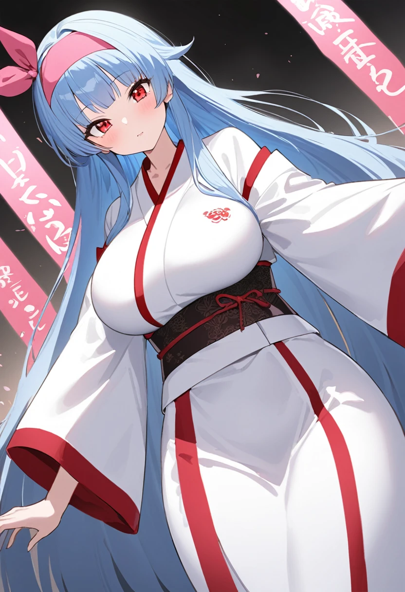 My name is Yukiko.I am a white test woman with long light blue hair,red eye color.I am 1.62 cm tall . My breasts measure 200 cm, my waist 40 cm and my hips 200 cm. Dressed in a traditional white kimono along with a pink headband. . With big breasts 200 cm