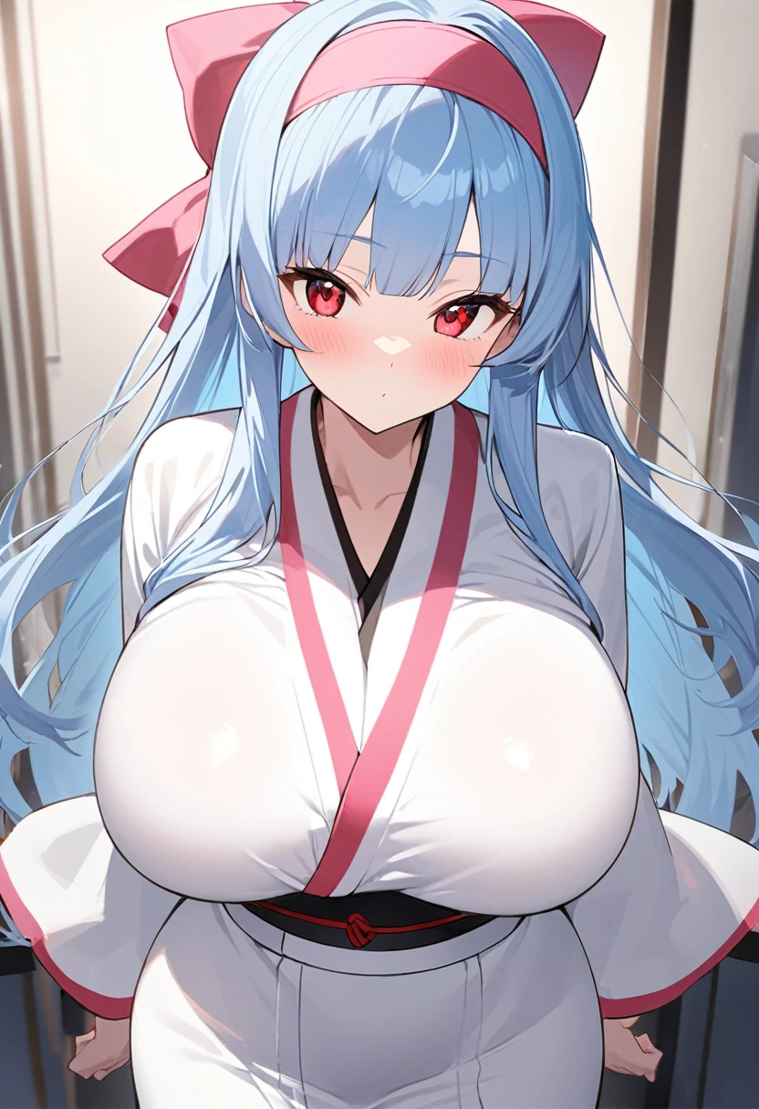 My name is Yukiko.I am a white test woman with long light blue  hair,red eye color.I am 1.62 cm tall . My breasts measure 200 cm, my waist 40 cm and my hips 200 cm. Dressed in a traditional white kimono along with a pink headband.  . With big breasts 200 cm