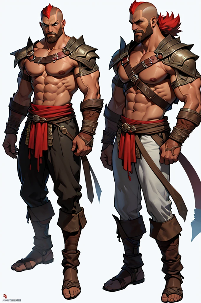 Crie sprites 2d de assets de um heroi, at various angles, he will be a mix of Hercules from Marvel Comics and Kratos from the God of War series of games, he wears a brown and red combat uniform, Coraggioso, determined, fair, but sometimes impetuous, 16K, best qualityer, fully body!