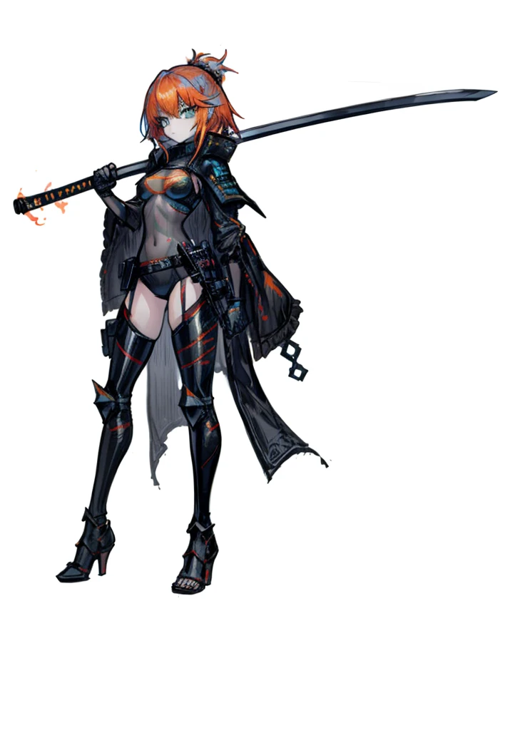 1girl, neon orange hair hair, blue-green eyes, exposed torso, fire knight, legendary weapon ,beautiful clothes,(masterpiece, best quality), calm, aura of fire, fire katana