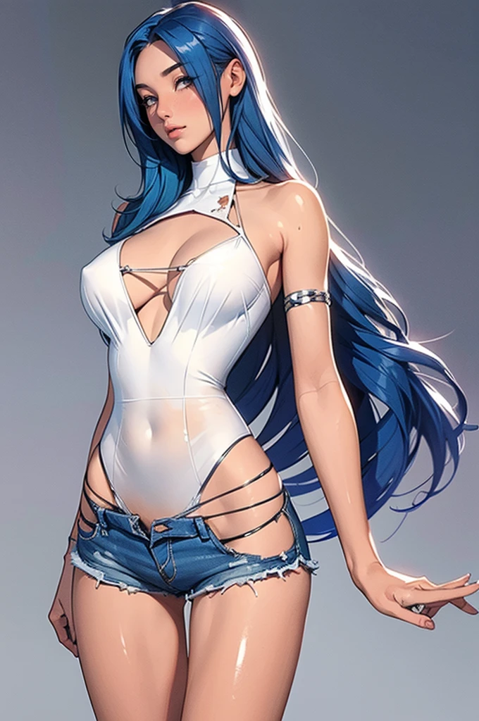 (best quality: 1.2), clean face, (masterpiece: 1.2, 8k) perfect anatomy, 1girl,a beautiful fashion model ,(masterpiece, official art, best quality ,long and shiny hair, blue hair with streaks in hair, long hair, full lips, slender body, slim body big breasts, looking at viewer, revealing outfit, absurdity, intricate details, dynamic pose, club, , wearing short shorts and a tight white top, cleavage, torn clothes, thong straps