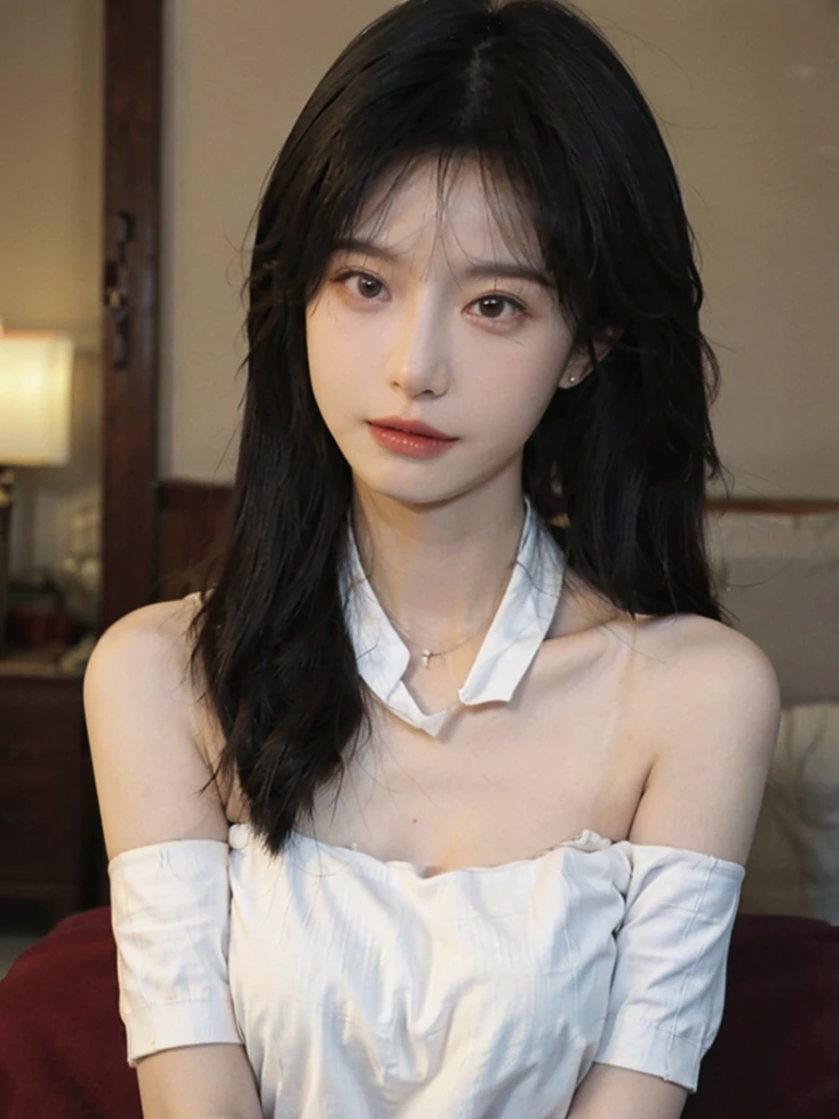 Film portrait photography, 1 girl, bare shoulders,lipstick,(flat chest:1.4), Shoulder length wavy hair, wear necklace,scarf,earrings,short sleeves,serene, calm, (Realistic and detailed eyes, natural skin texture, Realistic facial details), Soft dramatic lighting, depth of field, Bokeh, big breasts,Areola,split,cleavage,Vibrant details, Detailed and detailed, surreal, 35mm film, hazy, ,