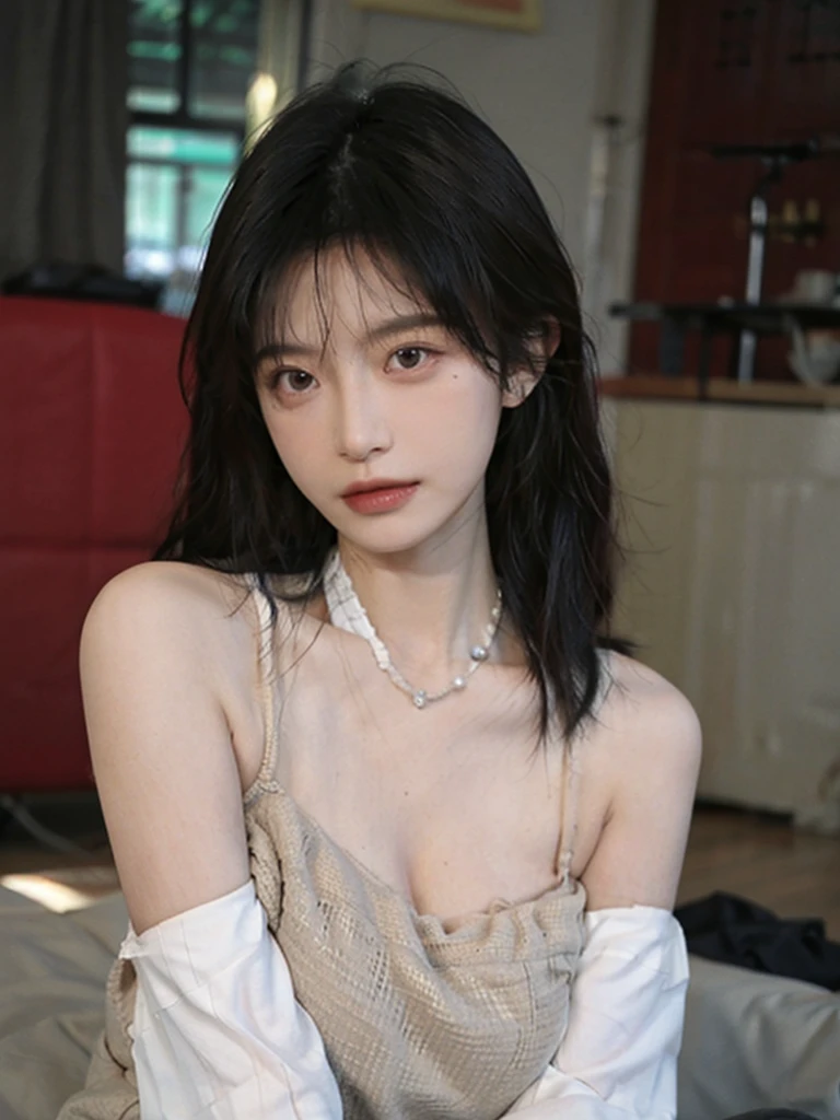 Film portrait photography, 1 girl, bare shoulders,lipstick,(flat chest:1.4), Shoulder length wavy hair, wear necklace,scarf,earrings,short sleeves,serene, calm, (Realistic and detailed eyes, natural skin texture, Realistic facial details), Soft dramatic lighting, depth of field, Bokeh, big breasts,Areola,split,cleavage,Vibrant details, Detailed and detailed, surreal, 35mm film, hazy, ,
