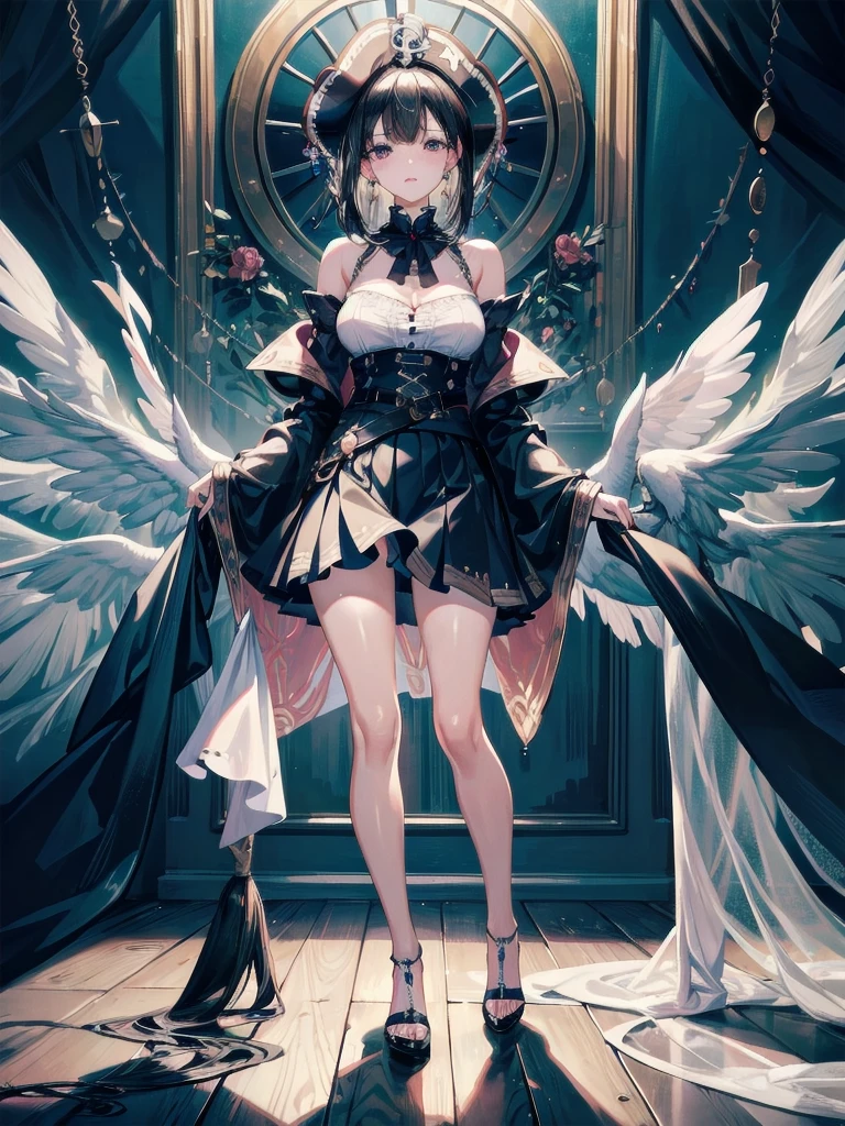 ((Highest quality)),(Ultra-high resolution),(Very detailed),(Detailed Description),((The best CG)),(A masterpiece),Ultra-detailed art,Amazing painting art,(Works with precise details:1.5), (1 female:1.6),(Beautiful and well-proportioned face:1.5),(Intricately detailed sexy lace dress:2.0),Fine jewellery with exquisite detailing:1.5,Waist Accessories:1.5,Look at me and smile:1.5, (See-through nipples), Angel Girl, (((Magnificent white angel wings on his back:1.2))), Mature Woman,Descended into the church,(Pastel colored hair:1.3),(Red and black long high heel boots:1.4), (garter belt), (stockings)、 (Floating in the sky with magical powers:1.2),(Floating skirt:1.5), (Embarrassed expression, blush:1.2),(bracelet), (Sparkling Eyes)、(full body)、(multiple views)