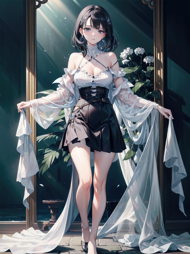 absurdres, RAW photo, extremely delicate and beautiful, masterpiece, Best Quality, ultra high resolution, 32k, hyperrealistic, ultra-detailed, delicate facial features, beautiful detailed woman, tearful mole, earring, medium breasts, full body shot, medium hair, black hair, Legendary Pirate, blouse, short skirt, off shoulder, Eroded Coastline,