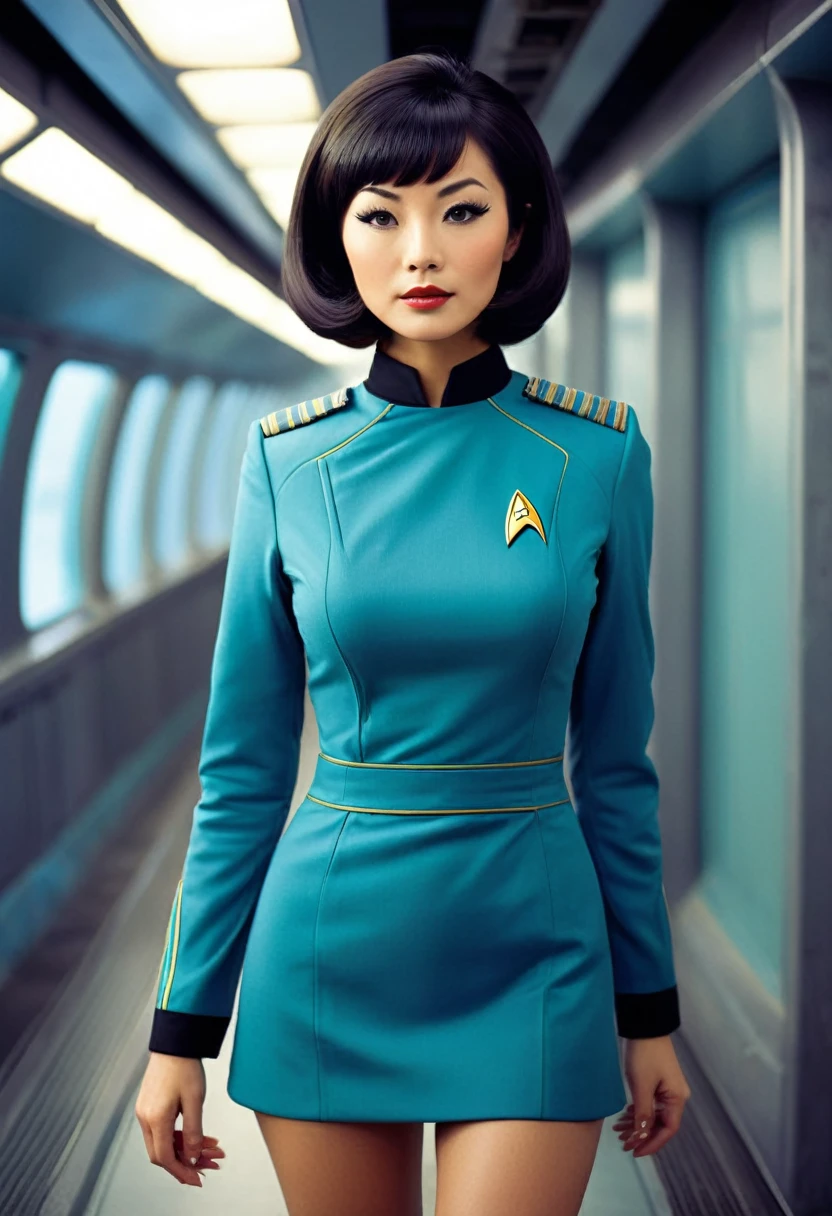 ((wearing star trek original series 60s/70s one piece sexist sexy short mini dress) (bridge crew uniform )) (asian-european, half-asian crew member with bob haircut and slim figure) ((in the style of a retro-futuristic, retro-scifi film set, pulp scifi book cover) ((in the style of a movie, soft focus, cinematic, pulp, film grain) sexy, provocative, dynamic pose, action pose, film poster 