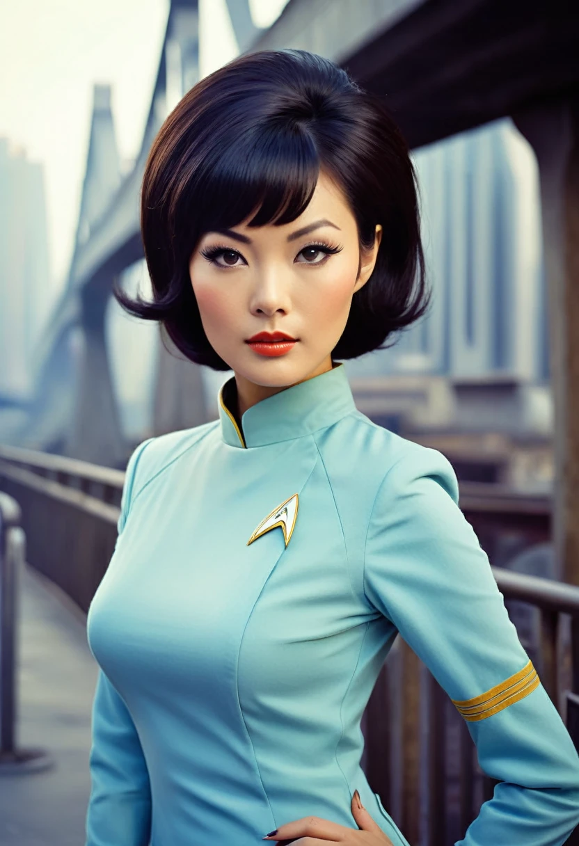 ((wearing star trek original series 60s/70s one piece sexist sexy short mini dress) (bridge crew uniform )) (asian-european, half-asian crew member with bob haircut and slim figure) ((in the style of a retro-futuristic, retro-scifi film set, pulp scifi book cover) ((in the style of a movie, soft focus, cinematic, pulp, film grain) sexy, provocative, dynamic pose, action pose, film poster 