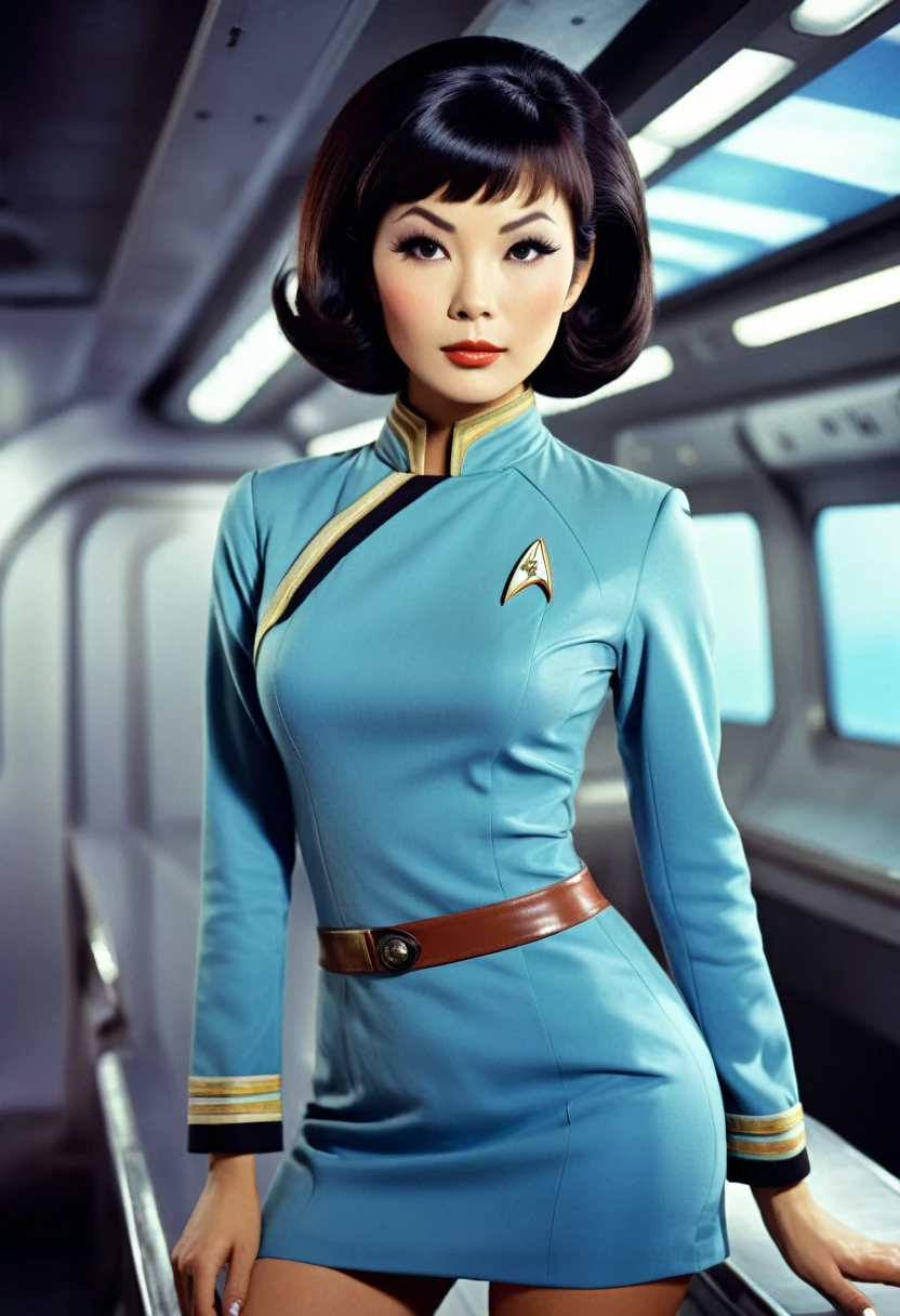 ((wearing star trek original series 60s/70s one piece sexist sexy short mini dress) (bridge crew uniform )) (asian-european, half-asian crew member with bob haircut and slim figure) ((in the style of a retro-futuristic, retro-scifi film set, pulp scifi book cover) ((in the style of a movie, soft focus, cinematic, pulp, film grain) sexy, provocative, dynamic pose, action pose, film poster 