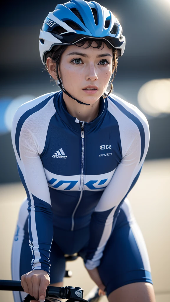 ((masterpiece, Highest quality, Best image quality, High resolution, Realistic, RAW Photos, 8K)), Olympic Cyclist, Wearing racing clothing and helmet, Wet body, Leaning forward, Sweat splashes、Shine, Spectator seating and background lighting,