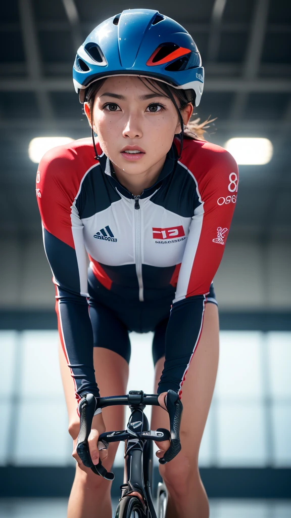 ((masterpiece, Highest quality, Best image quality, High resolution, Realistic, RAW Photos, 8K)), Olympic Cyclist, Wearing racing clothing and helmet, Wet body, Leaning forward, Sweat splashes、Shine, Spectator seating and background lighting,
