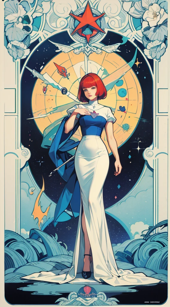 (mod curvy shorthair redhead pastelgoth woman in summer dress) tarot poster 1960’s jugendstil psychedelic marblng pattern fantasy artwork by Gray Morrow and darren grealish