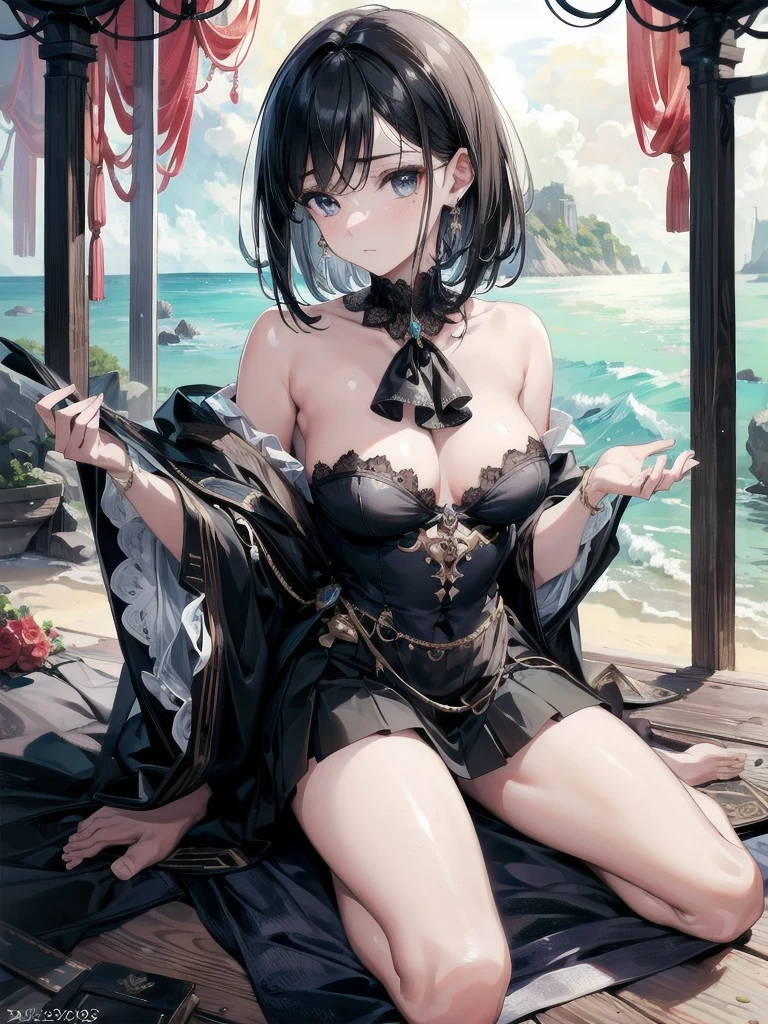 absurdres, RAW photo, extremely delicate and beautiful, masterpiece, Best Quality, ultra high resolution, 32k, hyperrealistic, ultra-detailed, delicate facial features, beautiful detailed woman, tearful mole, earring, medium breasts, full body shot, medium hair, black hair, Legendary Pirate, blouse, short skirt, off shoulder, Eroded Coastline,