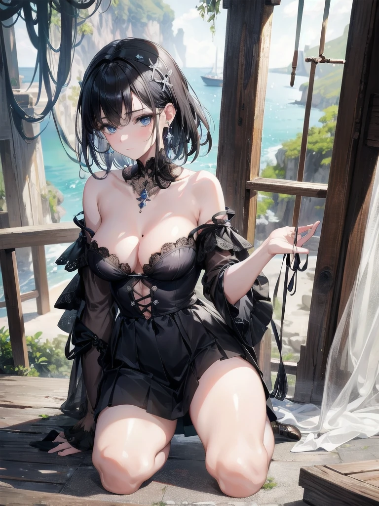 absurdres, RAW photo, extremely delicate and beautiful, masterpiece, Best Quality, ultra high resolution, 32k, hyperrealistic, ultra-detailed, delicate facial features, beautiful detailed woman, tearful mole, earring, medium breasts, full body shot, medium hair, black hair, Legendary Pirate, blouse, short skirt, off shoulder, Eroded Coastline,