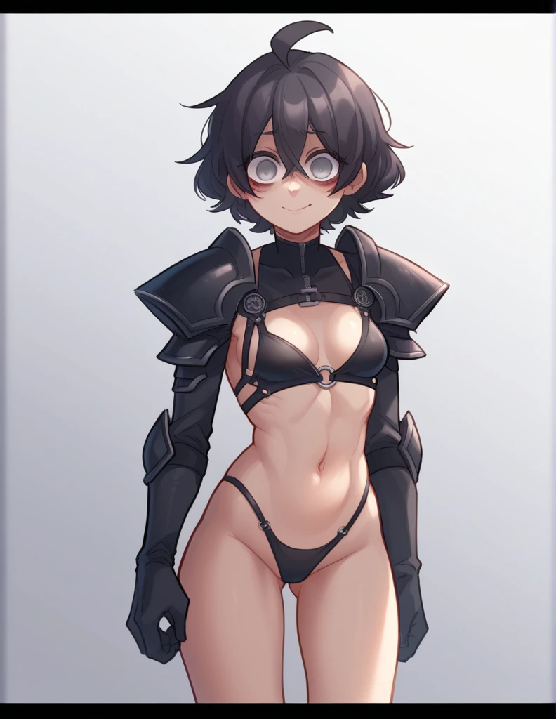 1 girl, alone, ppka, black fur, short hair, messy fur, Ahoge, parts, parts por todo el cuerpo, grey eyes, empty eyes, blind, nervous, slight smile, cute look, Swimsuit, black monk, open chest, thong with harness to the shirt, black thong, monokini with shoulder pads, latex shoulder pads, tight shoulder pads, shoulder pads connected at the back,
exposed thighs, exposed hips, exposed warning, exposed part of the chest, exposed back, exposed butt,
human skin, soft skin, pale skin,