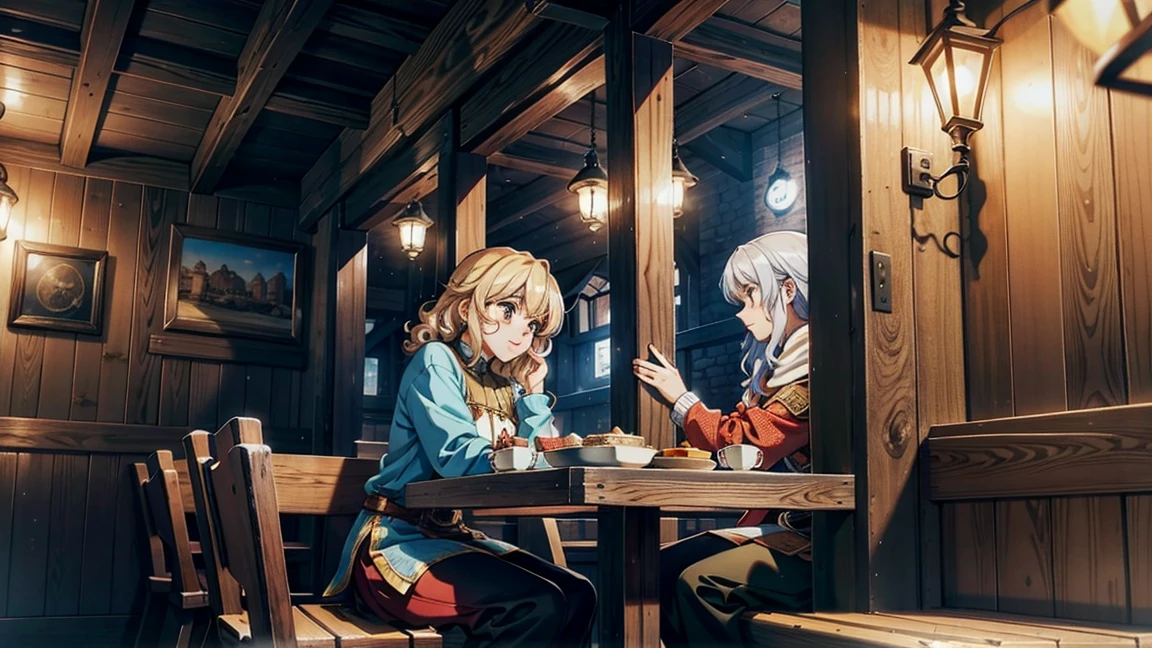 A bustling eatery in a medieval fantasy city, known as 'Luna's Diner', filled with the aroma of fresh food. The restaurant has wooden tables, benches, and a warm, inviting atmosphere. The walls are adorned with colorful tapestries and lanterns casting a soft glow. A female traveler sits at a table, enjoying a hearty meal. She has short, curly hair, fair skin, and wears simple traveler's clothes.