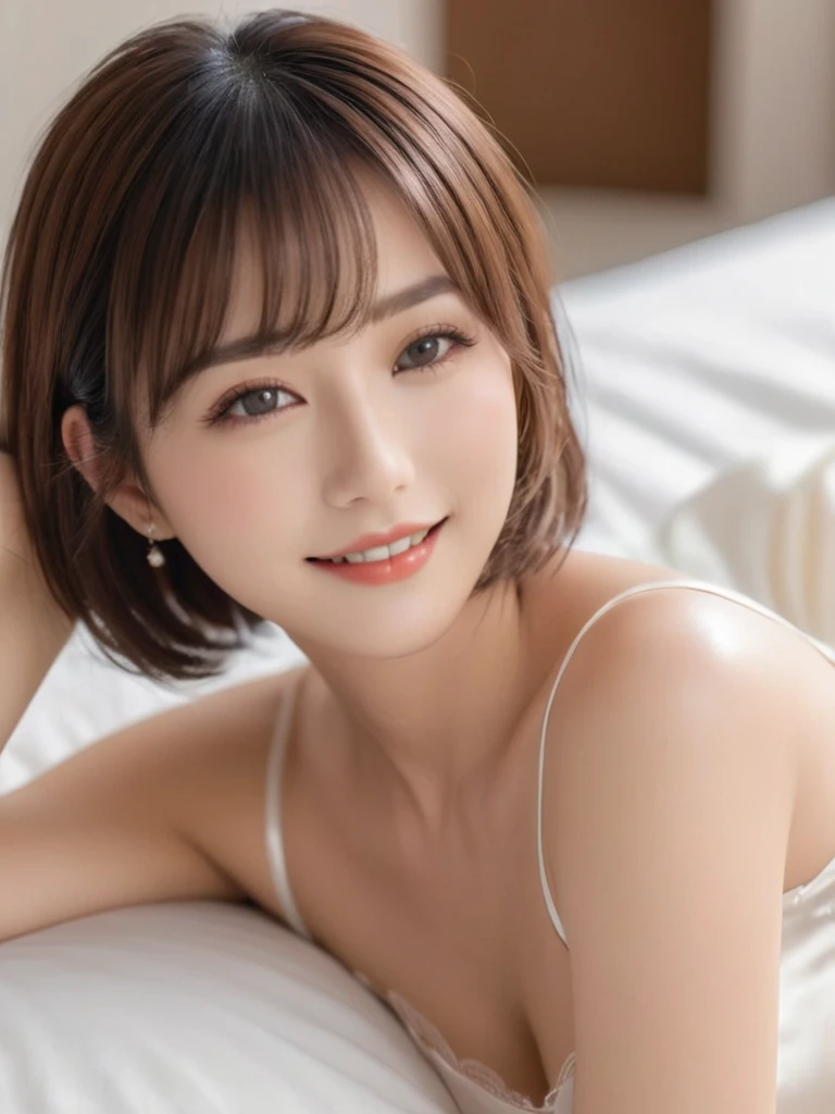 masterpiece, One woman per photo, Full Body Shot,Underarm、 Composition looking down at the subject from above, Young and beautiful woman in Japan, Smiling super cute face, short hair, She is wearing a sleeveless white silk satin chemise with white lace.,White panties、 Small breasts、skinny、Glossy Lips, Attractive person, She is lying on her back on a silk bed with her legs spread apart, Silk pillow, Silk bed sheets, Double eyelids on both eyes, Natural Makeup, Long eyelashes, Shiny and smooth light brown hair, Asymmetrical bangs, Fair skin, Center image, 8K resolution, High detail, Detailed hairstyle, Detailed face, Spectacular movie lighting, Vibrant, Ultra-realistic, Perfect limbs, Perfect Anatomy,Beautiful teeth alignment