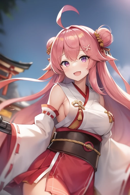 One girl, alone, Long Hair, King Kongu (Kantai Collection),Sakura Miko, Pink Hair, Double Bang, Purple eyes, Hair Bun, Ahoge, Open your mouth, Non-traditional Shrine Maiden, Removable sleeves, Brown eyes, White Background, (headgear):2, (Hair Bunド):2, smile, Sleeves edged with ribbon, Simple Background, kimono, Ribbon trim, View your viewers, username, Upper Body, Wide sleeves, :d, King Kong
